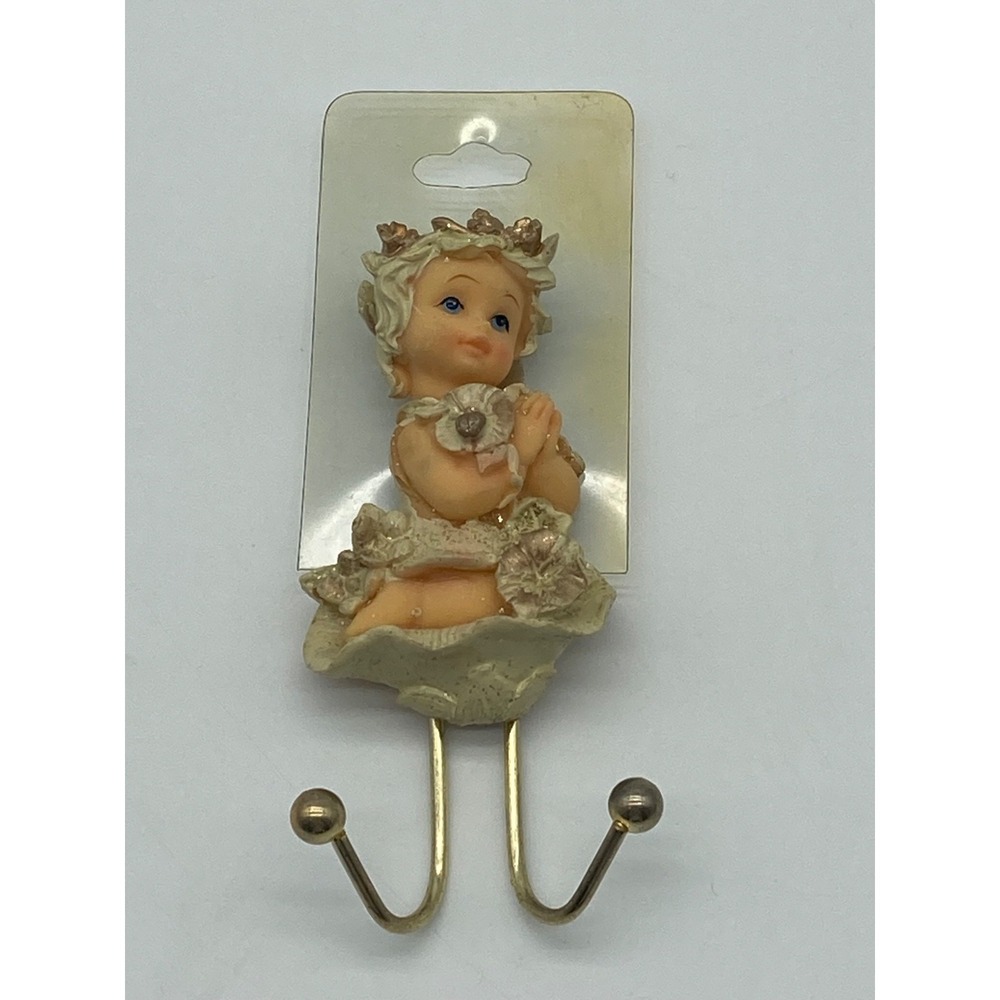 Vintage Resin Angel Cherub Wall Hook Key Hanger Gold Tone Wire Double Hook NIP